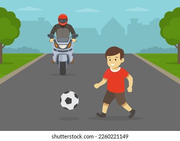 Safe motorcycle riding. Young boy running onto road directly in front of moto rider. Kid playing football on the street. Flat vector illustration template.