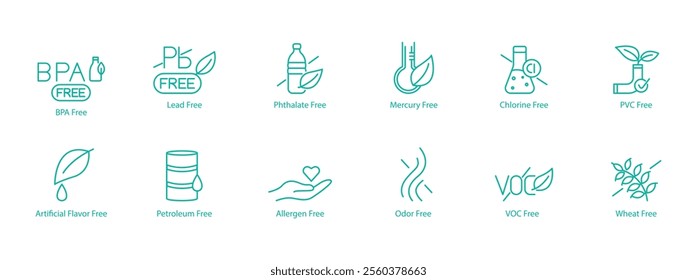 Safe and Natural Icon Set – BPA, Lead, Phthalate, Mercury, Chlorine, PVC, Artificial Flavor, Petroleum, Allergen, Odor, VOC, and Wheat Free Vector Icons