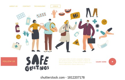 Safe Noncontact Greet Landing Page Template. Friends or Colleagues Characters Alternative Greeting Touching Elbows and Waving Hands During Coronavirus Epidemic. Linear People Vector Illustration