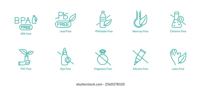 Safe and Non-Toxic Icon Set – BPA, Lead, Tapalate, Mercury, Chlorine, PVC, Dye, Fragrance, Silicon, and Latex Free Vector Icons