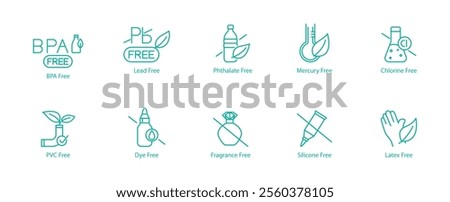 Safe and Non-Toxic Icon Set – BPA, Lead, Tapalate, Mercury, Chlorine, PVC, Dye, Fragrance, Silicon, and Latex Free Vector Icons
