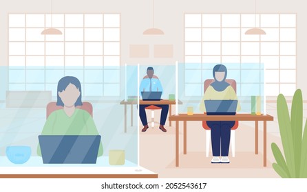 Safe office during pandemic flat color vector illustration. Employees in facial masks at precautious social distance Workers at tables 2D cartoon characters with corporate interio on background