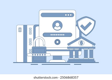 Concepto de banca en línea segura, banca en línea y pagos móviles, Inicio de sesión a la Cuenta bancaria, billetera digital, dinero en Internet, ahorros y finanzas, banca móvil. Ilustración vectorial plana sobre fondo.