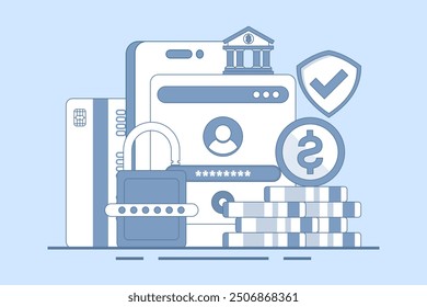 Concepto de banca en línea segura, banca en línea y pagos móviles, Inicio de sesión a la Cuenta bancaria, billetera digital, dinero en Internet, ahorros y finanzas, banca móvil. Ilustración vectorial plana sobre fondo.