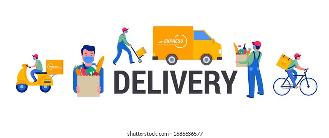 Safe online delivery during the coronavirus pandemic - online order tracking, delivery door to door, home and office. Warehouse, truck, drone, scooter and bicycle courier, delivery man in respiratory