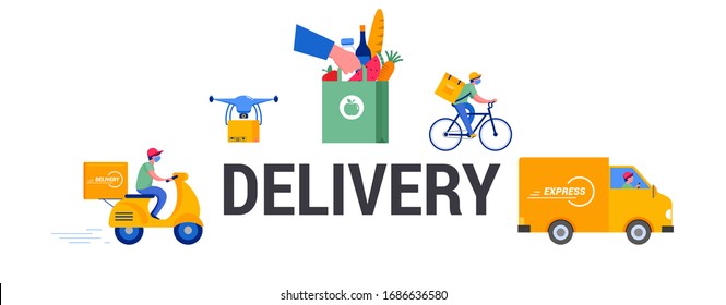 Safe online delivery during the coronavirus pandemic - online order tracking, delivery door to door, home and office. Warehouse, truck, drone, scooter and bicycle courier, delivery man in respiratory