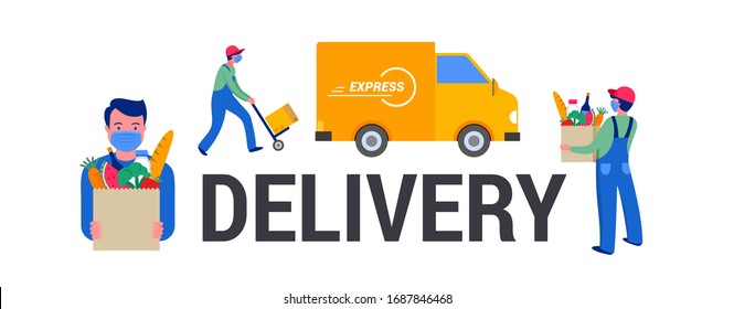 Safe online delivery during the coronavirus pandemic - online order tracking, delivery door to door, home and office. Warehouse, truck, drone, scooter and bicycle courier, delivery man in respiratory