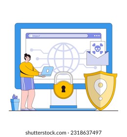 Safe online navigation vector illustration concept with characters. Web browsing security, phishing prevention, safe website usage. Modern flat style for landing page, web banner, infographics.