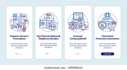 Safe online pharmacy signs onboarding mobile app page screen with concepts. Client data protection guarantees walkthrough 5 steps graphic instructions. UI vector template with RGB color illustrations