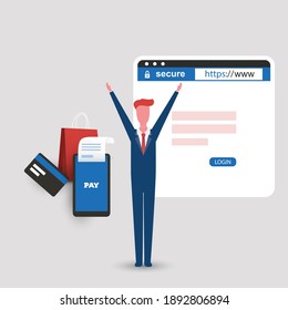 Safe Online Shopping During the Pandemic Using Smart Devices and Secure Websites - Business Design Concept, Vector Illustration
