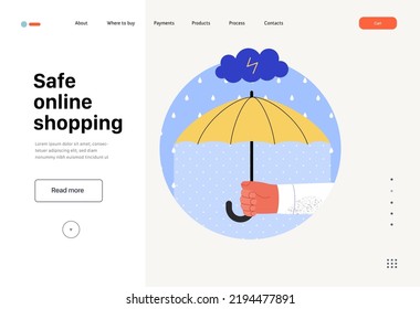 Safe online shopping - Online shopping and electronic commerce web template -modern flat vector concept illustration of a hand holding an umbrella. Promotion, discounts, sale and online orders