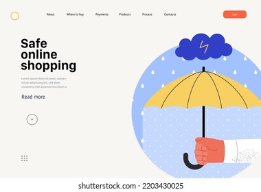 Safe online shopping - Online shopping and electronic commerce web template -modern flat vector concept illustration of a hand holding an umbrella. Promotion, discounts, sale and online orders concept