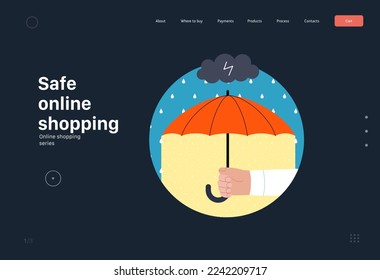 Compras seguras en línea - Series de compras en línea y comercio electrónico - moderna ilustración de un vector plano de una mano sosteniendo un paraguas. Concepto de promoción, descuentos, ventas y pedidos online