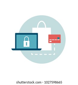 Safe online shopping on trusted websites using a credit card, internet and web icon