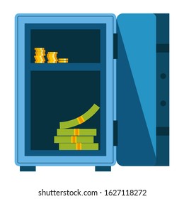 Safe with open door and money, stack of cash dollars and gold coins inside. Bank deposit secure lockable box, solid metal, combination lock system. Isolated vector illustration on white background.