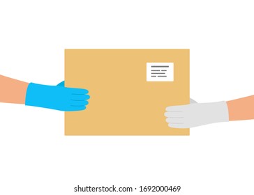 Safe order delivery of goods to buyer. Courier delivered parcel box to customer. Man holding cardboard boxes in rubber gloves. Online shopping and express delivery. Vector illustration