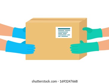 Safe order delivery of goods to buyer. Courier delivered package to destination. Man holding cardboard boxes in rubber gloves. Online shopping and express delivery. Vector illustration
