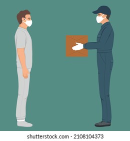 Safe order delivery of goods to buyer. Man courier delivered parcel box to customer. Coronavirus pandemic concept. Vector illustration