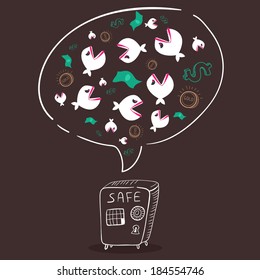 Safe over which bubble with predatory fishes, money and golden coins. Business metaphor. Hand-drawn vector