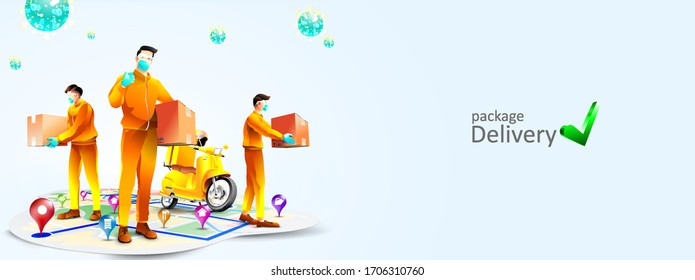 Safe package delivery during corona virus pandemic with scooter. A courier use surgical disposable face mask to protect from covid-19. Online delivery service and online order tracking concept