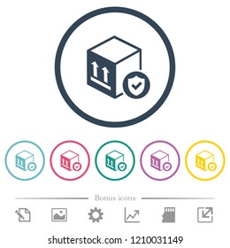 Safe package delivery flat color icons in round outlines. 6 bonus icons included.