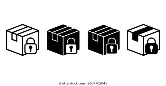 Safe Package Icons Black and White Isometric Box with Padlock Vector Design