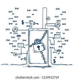 seguro candado Regulación general de protección de datos GDPR protector de seguridad del servidor sobre fondo blanco ilustración del vector dibujado a mano