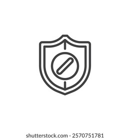 Safe Painkiller Use line icon. linear style sign for mobile concept and web design. A shield with a pill outline vector icon. Medical insurance symbol, logo illustration. Vector graphics