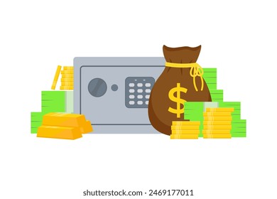Safe with paper money, golden dollars and bars flat vector illustration isolated on white background