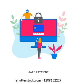 Safe Payment Concept for Web Banners. Illustration of a Simple Man and Woman Standing Near a Monitor Screen with Debit Card and Lock. Flat Modern Vector Male and Female Characters. Flat Illustration