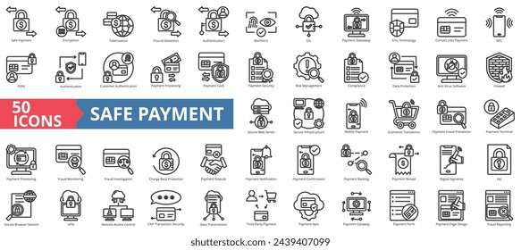 Safe payment icon collection set. Containing encryption, tokenization, fraud detection, authentication, biometric, ssl, payment gateway icon. Simple line vector illustration.