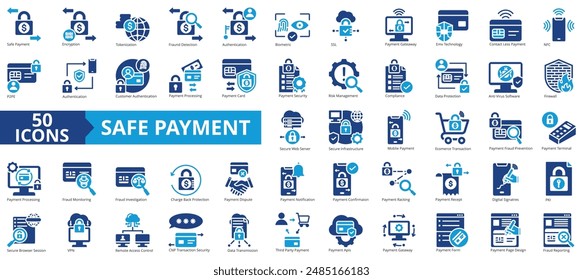 Safe payment icon collection set. Containing encryption, tokenization, fraud detection, authentication, biometric, ssl, payment gateway icon. Simple flat vector illustration.