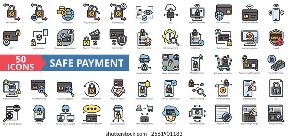 Safe payment icon collection set. Containing encryption, tokenization, fraud detection, authentication, biometric, ssl, payment gateway icon. Simple flat outline vector illustration