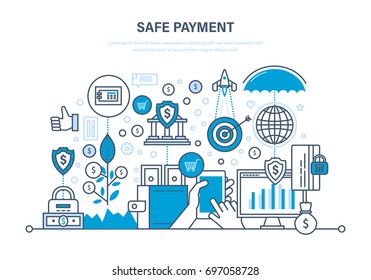 Safe payment. Methods and forms of payment. Protection of data, payments, operations, finance. Guaranteed security of investments, deposits, savings. Illustration thin line design of vector doodles.