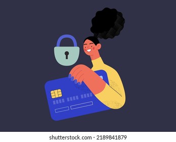 Pago seguro - Serie de compras en línea y comercio electrónico - moderna ilustración de un vector plano de una mujer con una tarjeta de plástico y un candado. Protección y seguridad del concepto de pedidos online