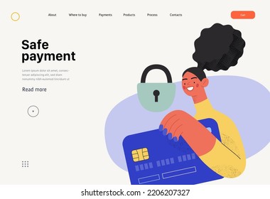 Pago seguro - Planilla web de compras y comercio electrónico - moderna ilustración de un vector plano de una mujer con una tarjeta de plástico y un candado. Protección y seguridad del concepto de pedidos online