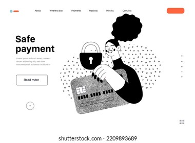 Safe payment -Online shopping and electronic commerce web template - modern flat vector concept illustration of a woman with a plastic card and a lock. Protection and security of online orders concept