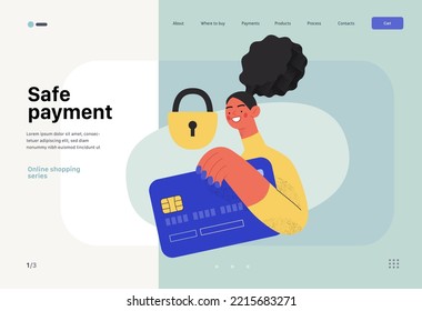 Safe payment -Online shopping and electronic commerce web template - modern flat vector concept illustration of a woman with a plastic card and a lock. Protection and security of online orders concept