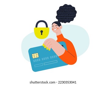 Safe payment - Online shopping and electronic commerce series - modern flat vector concept illustration of a woman with a plastic card and a lock. Protection and security of online orders concept