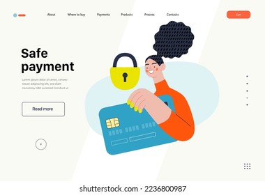 Safe payment - Online shopping and electronic commerce series - modern flat vector concept illustration of a woman with a plastic card and a lock. Protection and security of online orders concept