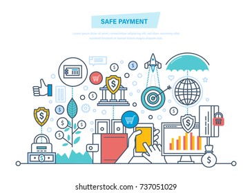 Safe payment. Protection of data, operations, finance. Guaranteed security of investments, cash deposits, savings. Methods payment, money transfers. Illustration thin line design of vector doodles.