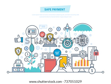 Safe payment. Protection of data, operations, finance. Guaranteed security of investments, cash deposits, savings. Methods payment, money transfers. Illustration thin line design of vector doodles.