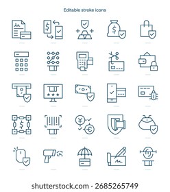 Icono de trazo de pago seguro. Conjunto de iconos de línea de pago seguro. paquete de iconos de trazo editable