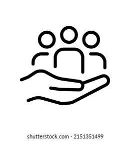 Safe peoples symbol. Hand holds people. Icon vector illustration in outline style