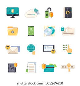 Safe personal data storage and  online information exchange software protection shield flat icons set isolated vector illustration 