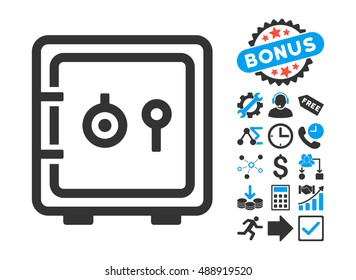Safe pictograph with bonus design elements. Vector illustration style is flat iconic bicolor symbols, blue and gray colors, white background.
