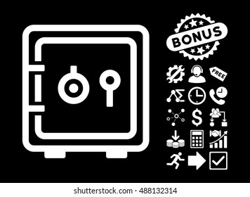 Safe pictograph with bonus elements. Vector illustration style is flat iconic symbols, white color, black background.
