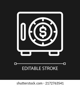 Safe pixel perfect white linear icon for dark theme. Cash box. Secure container for storing money. Thin line illustration. Isolated symbol for night mode. Editable stroke. Arial font used