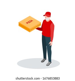 Safe pizza delivery, during the coronavirus pandemic. A courier in a medical mask delivers pizza. Isometric logistics and safe delivery concept. Delivery pizza home and office. City logistics.