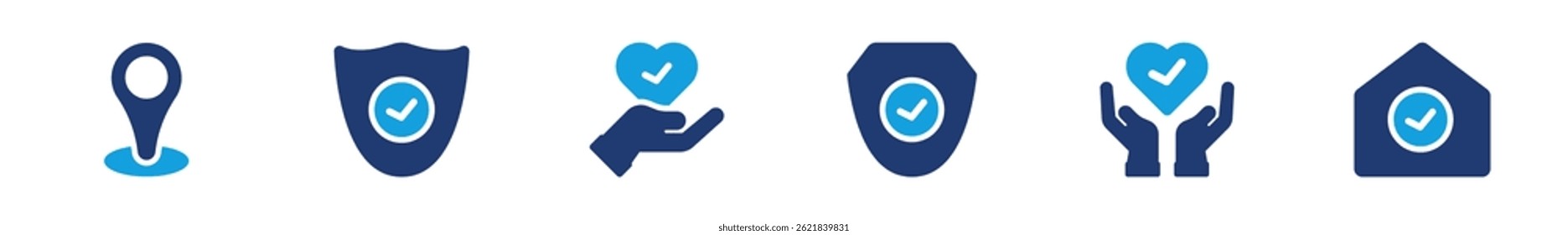 Ícones de lugar seguro pacote em estilo sólido com escudo, marca de verificação, proteção doméstica, localização verificada e símbolos de cuidados cardíacos.